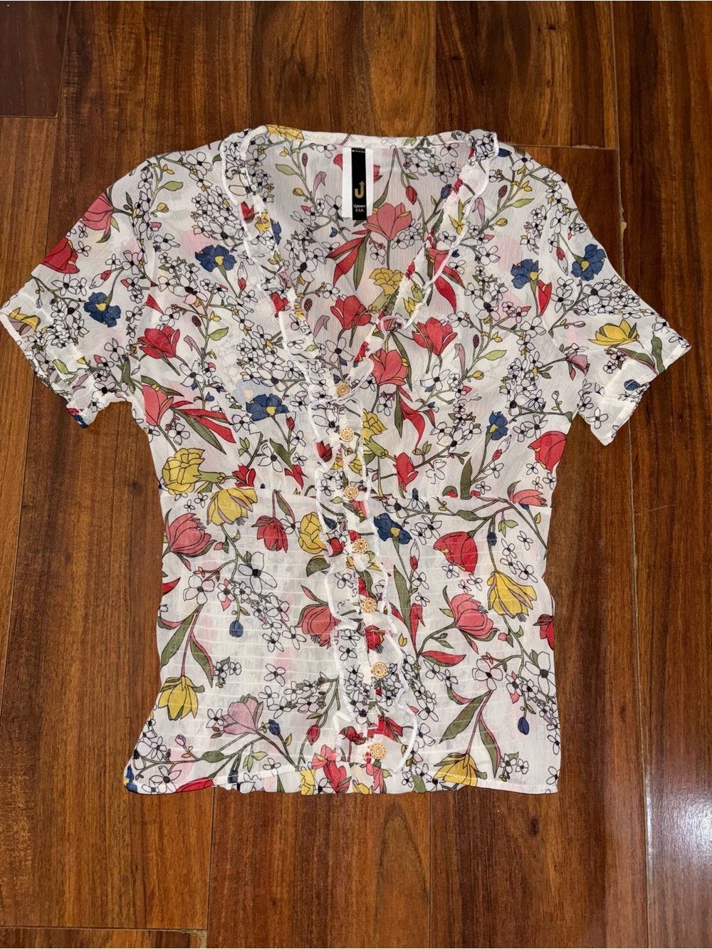 Floral Ruffle-Trim Short Sleeve Blouse